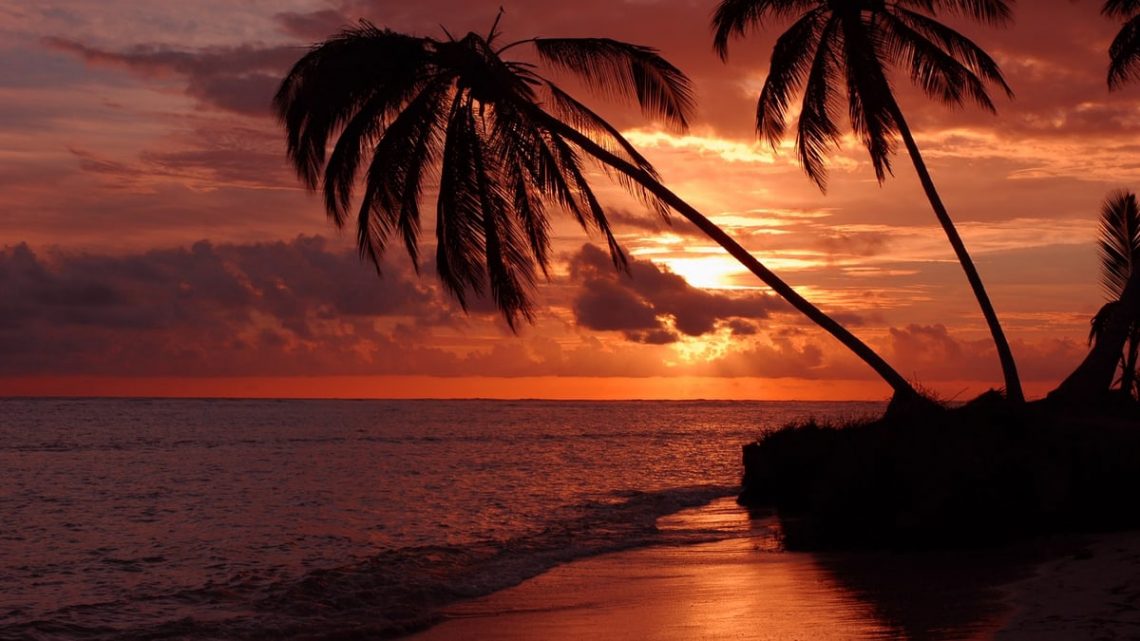 Beautiful silhouette of palm trees against a dramatic sunset at Playa Santa María, Cuba.